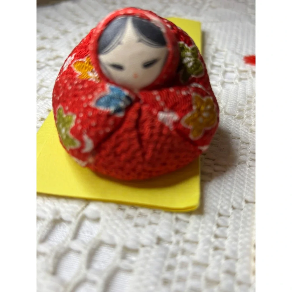 Japanese Washi Paper Doll Bookmark Set and Red Chirimen Fabric Otedama Doll